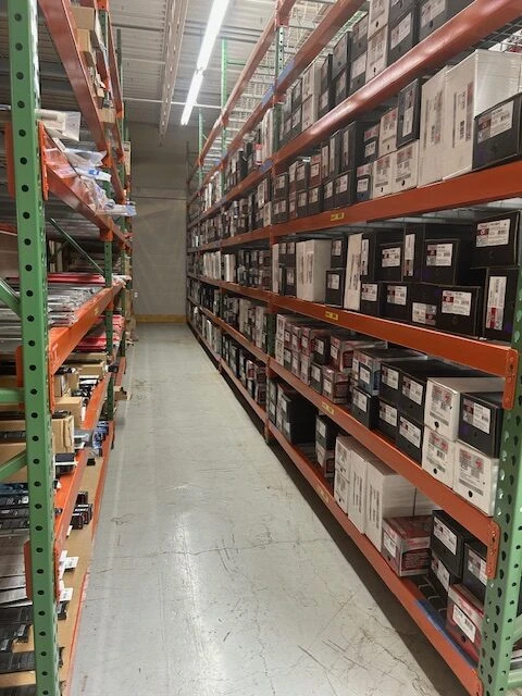 Racks of inventory available at auto part distributor United Auto Supply in Akron.