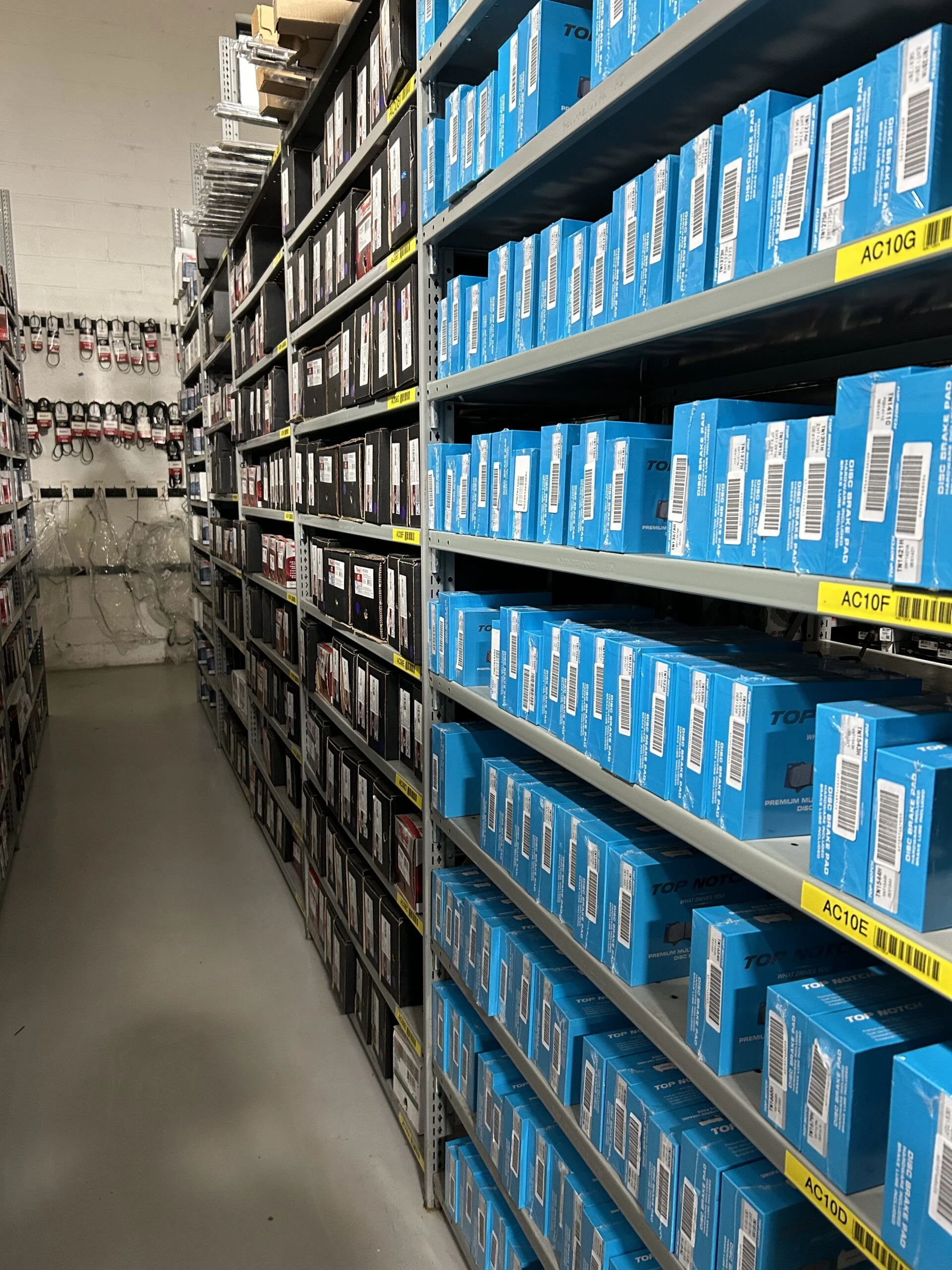 Rows of racks that are stocked with auto parts and auto related products in the United Auto Supply store in Fulton.
