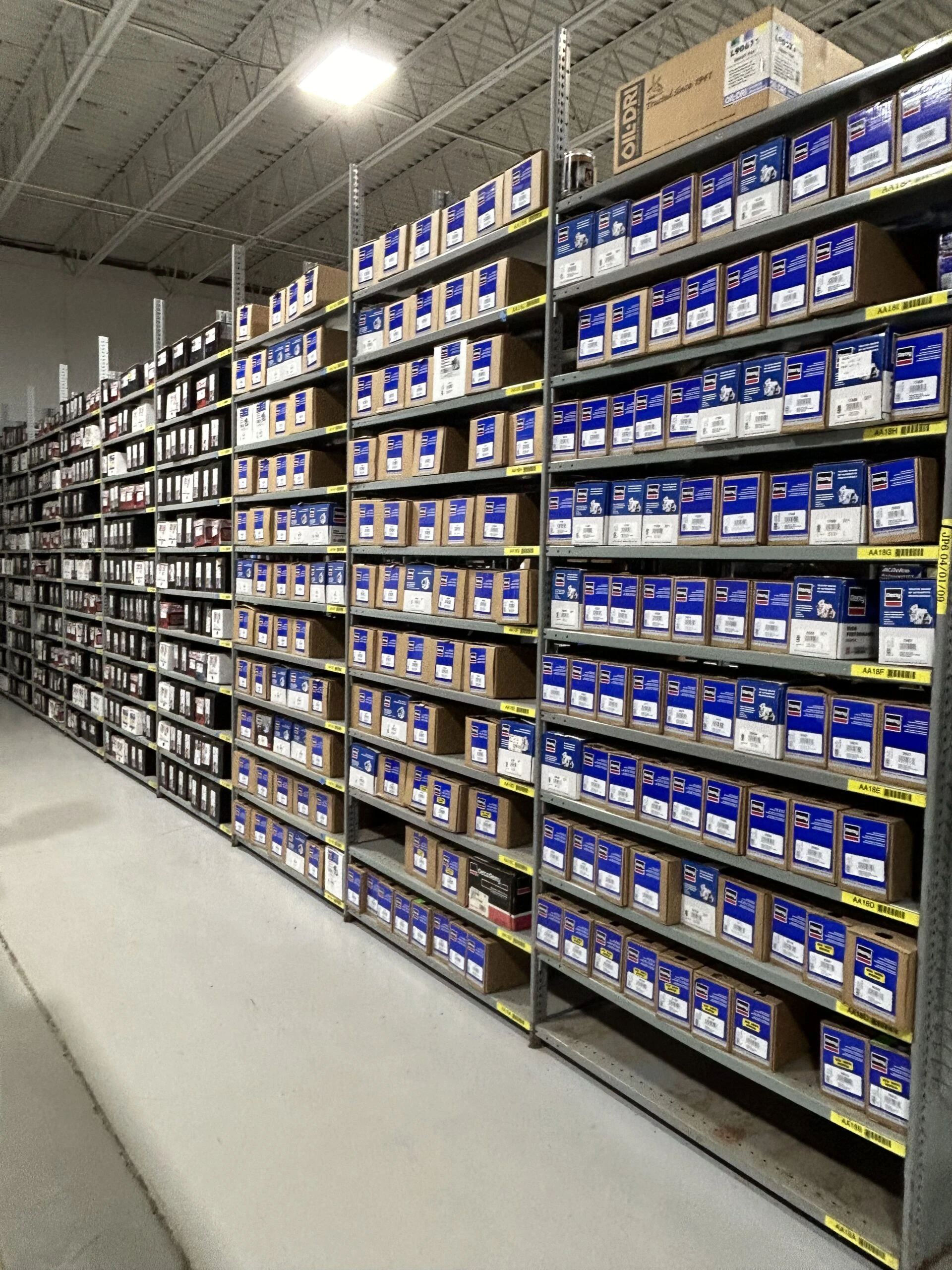 Rows of racks that are stocked with auto parts and auto related products in the United Auto Supply store in Fulton.