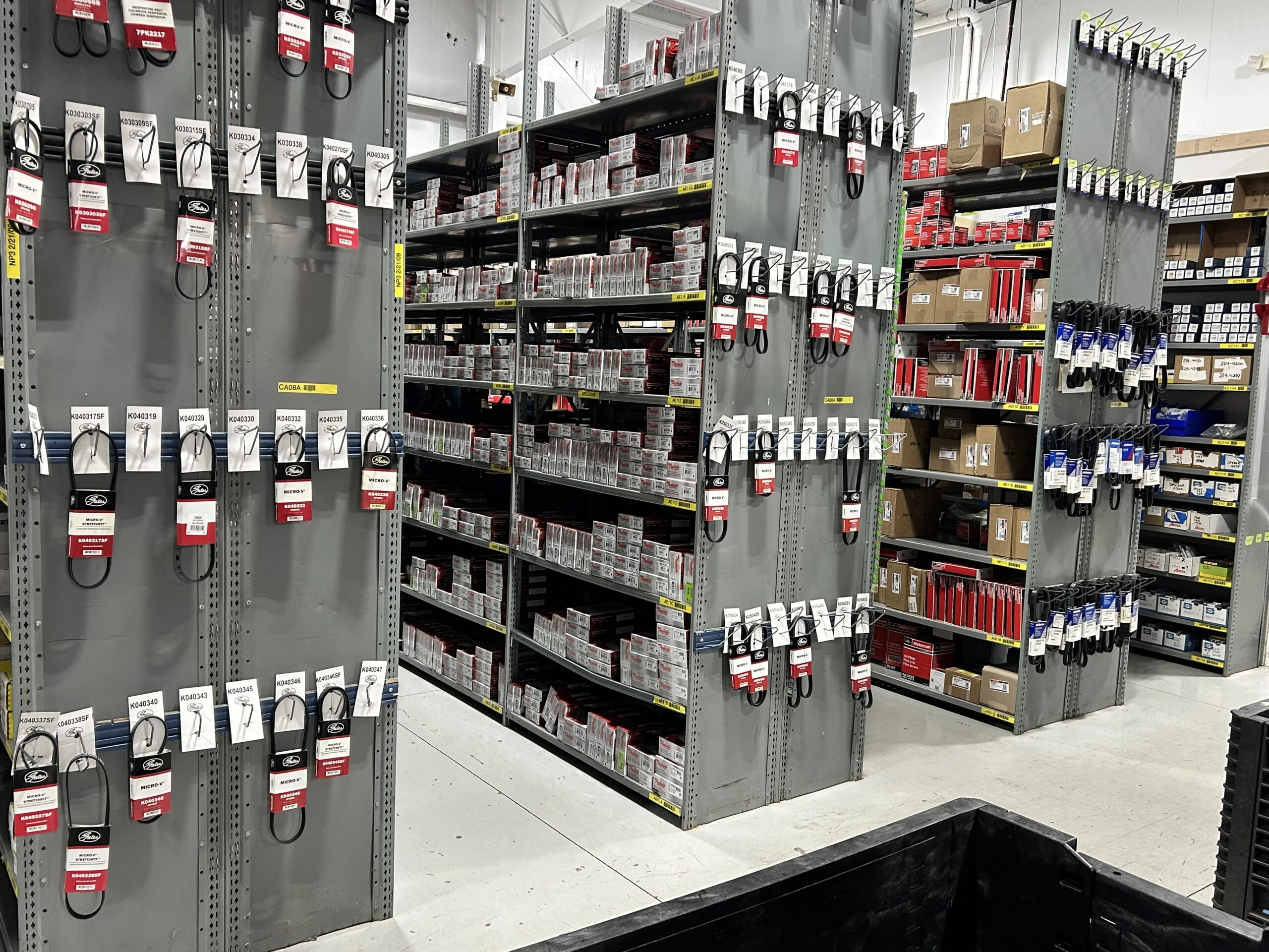Rows of racks containing auto parts and auto related products that are stocked at the United Auto Supply store in Cicero.