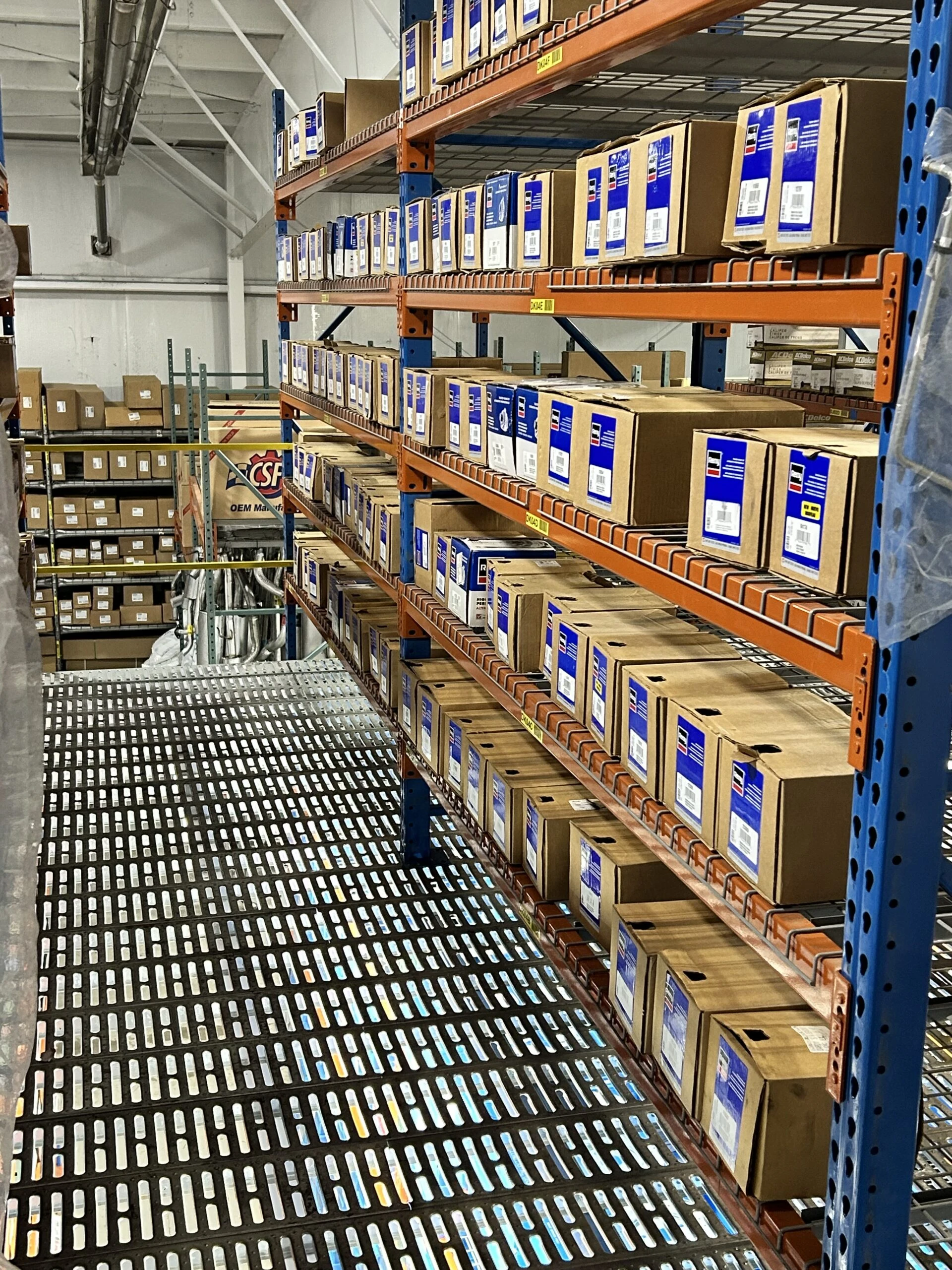 Rows of racks containing auto parts and auto related products that are stocked at the United Auto Supply store in Cicero.