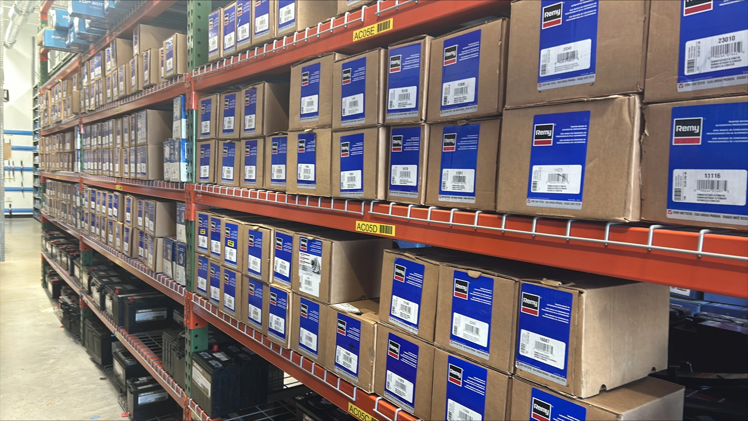 Racks of auto parts inventory stocked in UAS Syracuse.