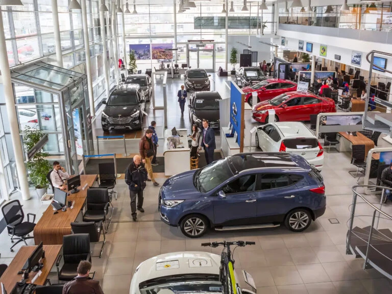 overhead view of the inside of a car dealership