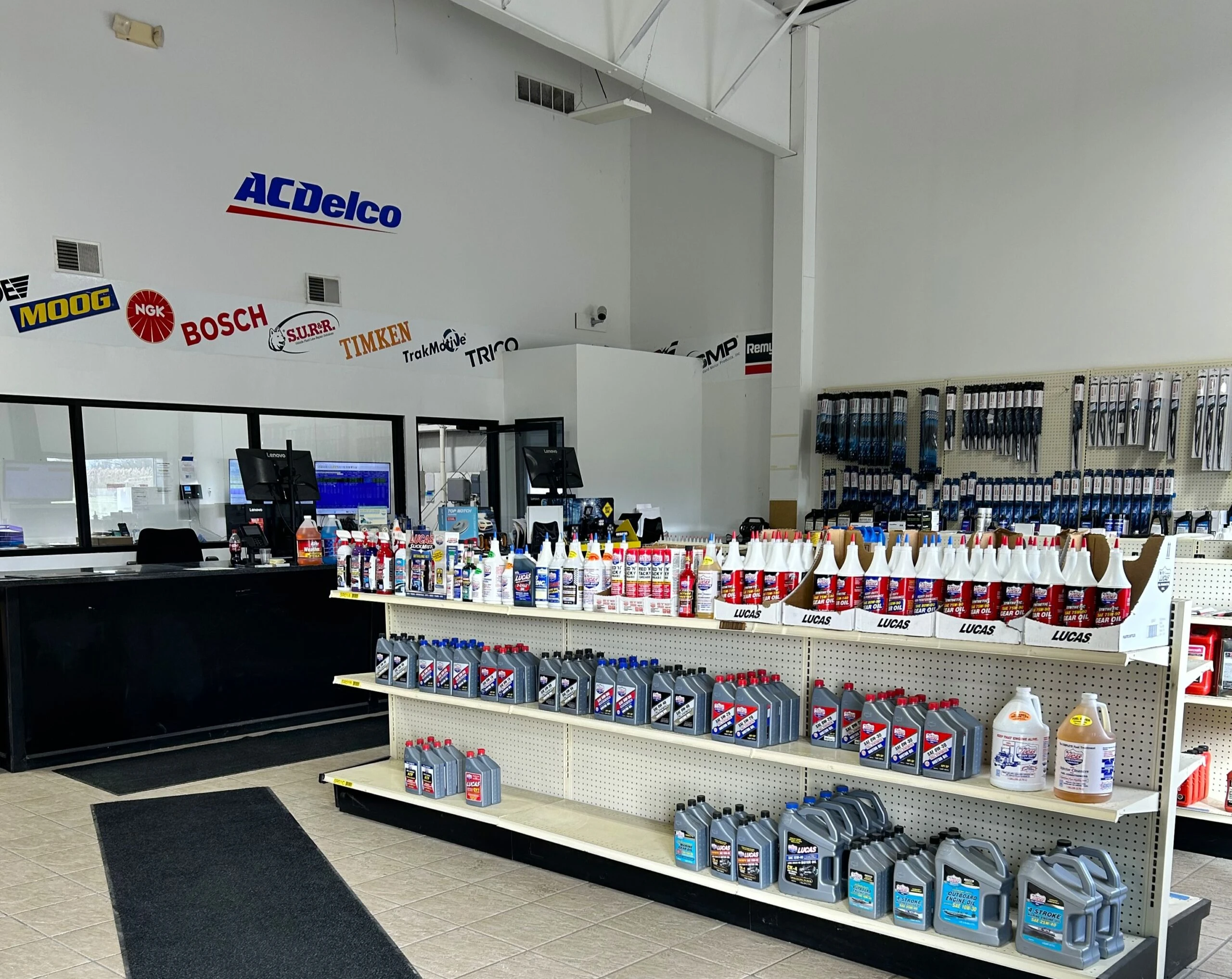 A view of the Cicero storefront with the counter and some auto related products displayed.