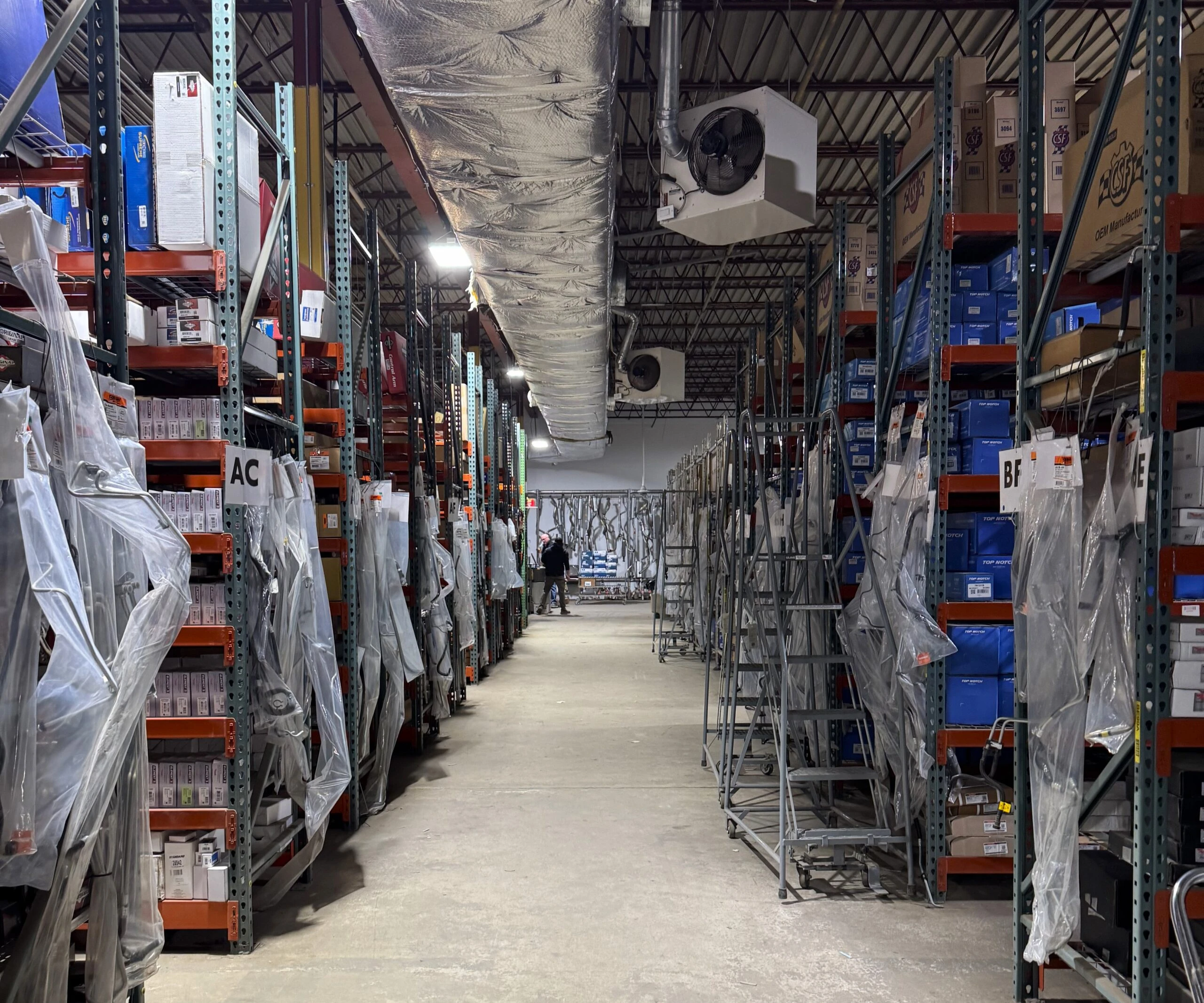 Racks of auto parts inventory stocked at the United Auto Supply store in Rochester.