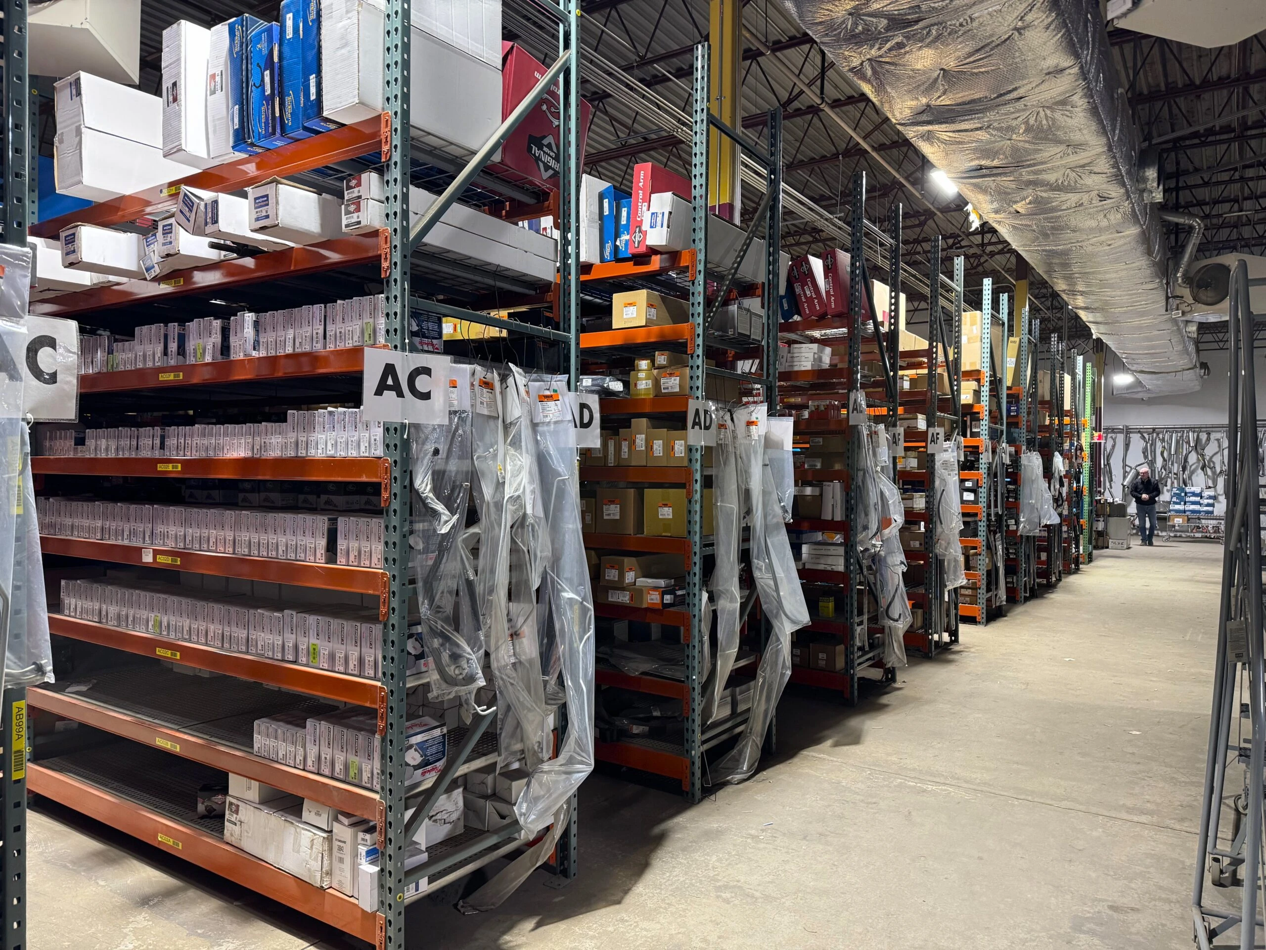 Racks of auto parts inventory stocked at the United Auto Supply store in Rochester.