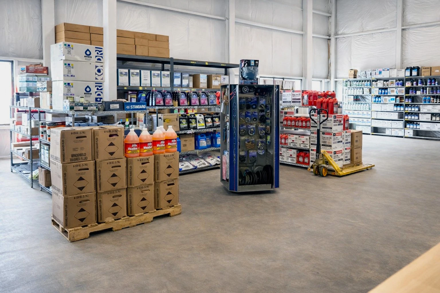 Aisles of racks of auto parts stocked at United Auto Supply, Queensbury.